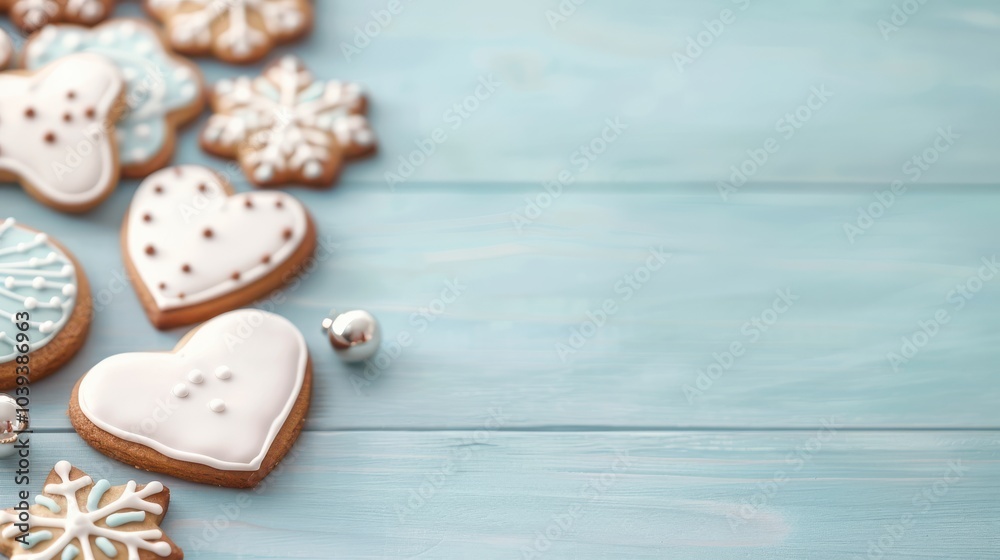 Decorative cookies on a blue wooden surface, with a festive and cheerful atmosphere. Decorative cookies on a blue wooden surface, with a festive and cheerful atmosphere.