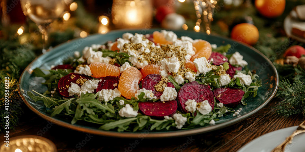 Salad with beetroot, tangerines, feta cheese and arugula,. AI generative Salad with beetroot, tangerines, feta cheese and arugula,. AI generative