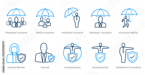 A set of 10 Insurance icons as employee insurance, family insurance, individual insurance