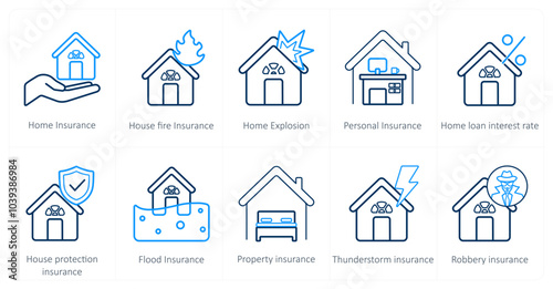 A set of 10 Insurance icons as home insurance, house fire insurance, home explosion