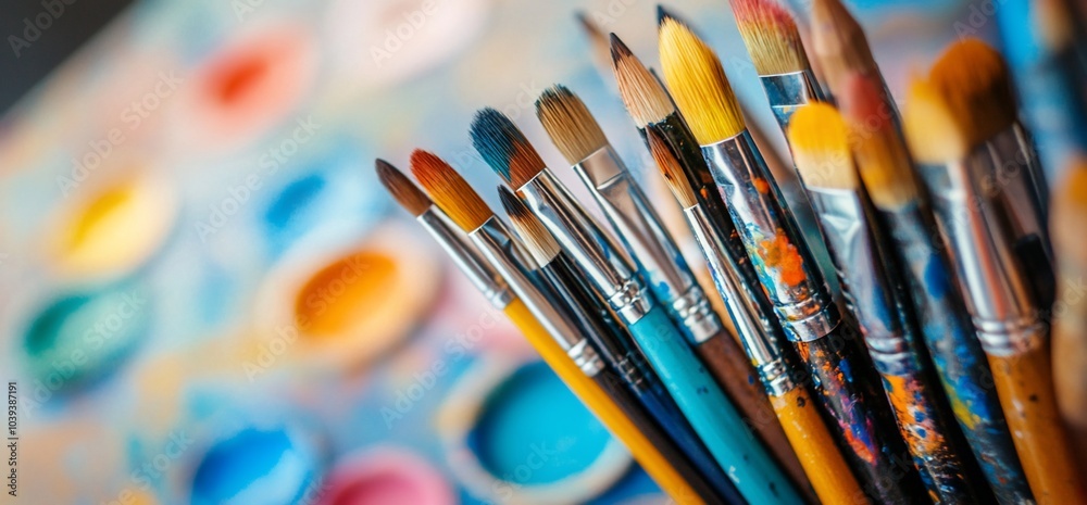A collection of various paintbrushes arranged in a bundle, with some paint colors visible in the background. A collection of various paintbrushes arranged in a bundle, with some paint colors visible in the background.
