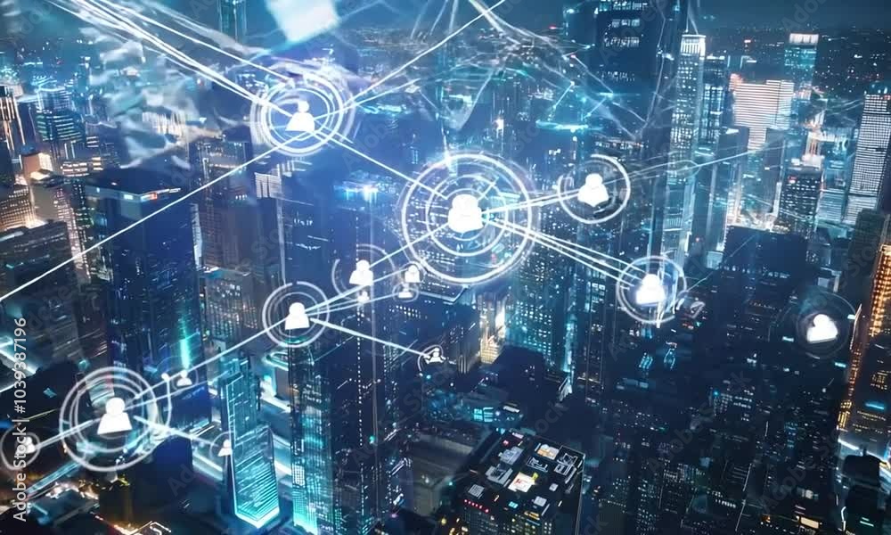 A city skyline at night with a network of glowing lines connecting buildings. A city skyline at night with a network of glowing lines connecting buildings.