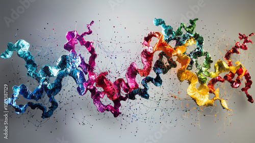 Fototapeta Naklejka Na Ścianę i Meble -  vibrant visualization of protein folding showcases colorful, twisting structures that represent molecular dynamics. This artistic representation highlights complexity and beauty of biological