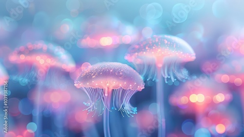 Delicate jellyfish illuminated by soft pastel colors in an underwater scene.