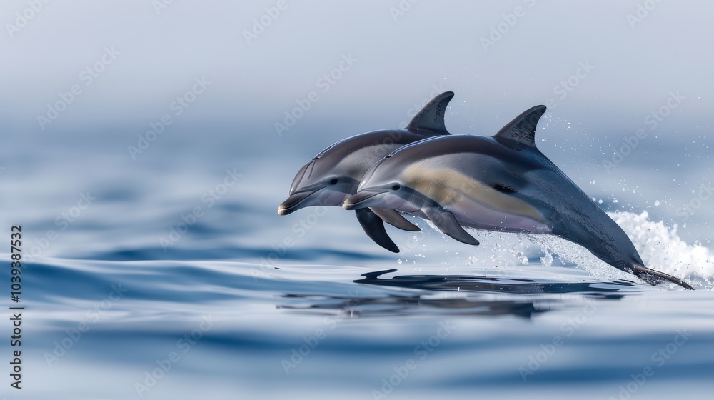 Fototapeta premium Dolphins jumping gracefully over the calm ocean water.