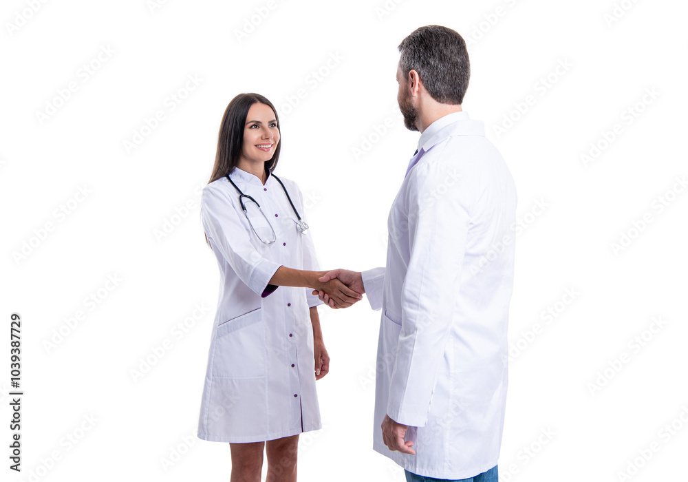 doctor handshake with nurse. healthcare insurance deal. medicine and healthcare. medical deal between two colleague isolated on white. promotion deal in medicine. Exclusive deal doctor handshake with nurse. healthcare insurance deal. medicine and healthcare. medical deal between two colleague isolated on white. promotion deal in medicine. Exclusive deal