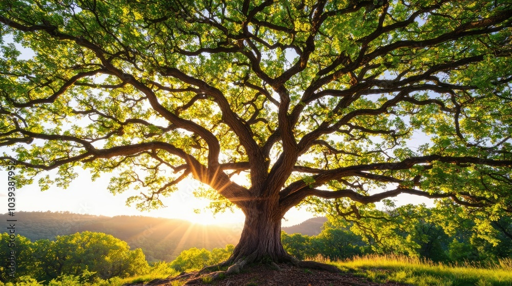 Majestic tree with vibrant green leaves bathed in warm sunlight. Majestic tree with vibrant green leaves bathed in warm sunlight.