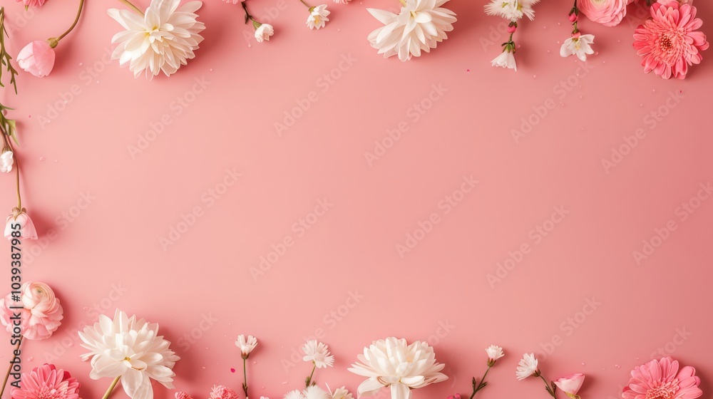 Floral arrangement with pink and white flowers on a pastel pink background. Floral arrangement with pink and white flowers on a pastel pink background.