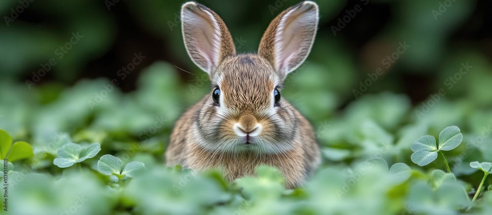A cute bunny rabbit with big ears peeks out from behind a patch of clover. A cute bunny rabbit with big ears peeks out from behind a patch of clover.