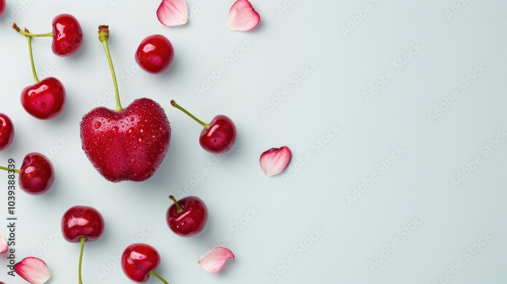 Fresh cherries with petals on a soft pastel background, vibrant and appealing. Fresh cherries with petals on a soft pastel background, vibrant and appealing.