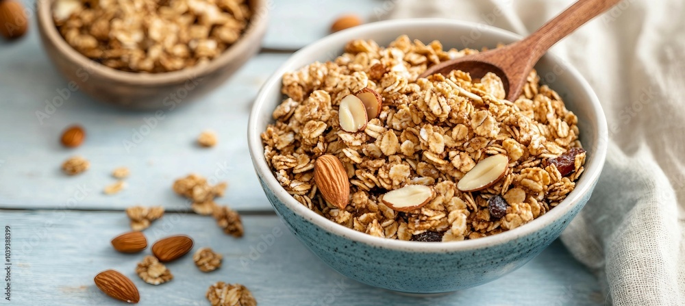 Bowl of Granola with Almonds and Raisins on Blue Wooden Table Bowl of Granola with Almonds and Raisins on Blue Wooden Table