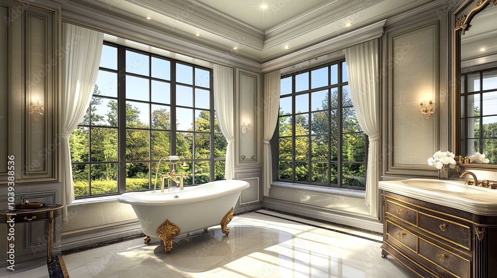 Fototapeta premium Elegant bathroom with a view of nature.