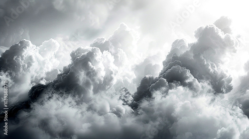 Dramatic dark clouds billowing above a serene landscape bathed in soft natural light