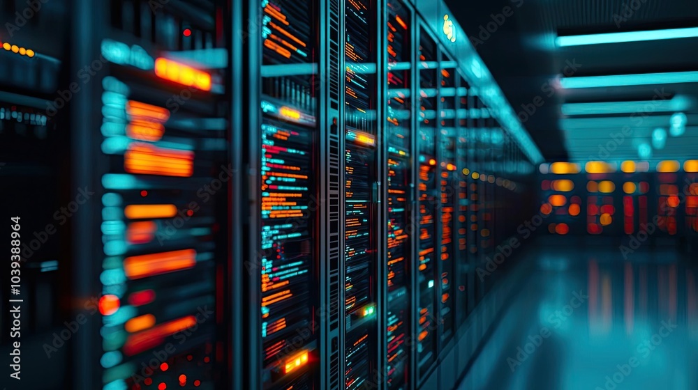 Data center interior with glowing server racks and illuminated panels. Data center interior with glowing server racks and illuminated panels.