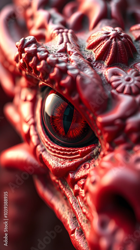 Red dragon eye close up. Generative AI photo