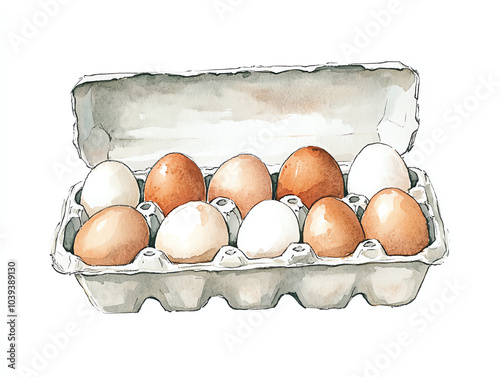 Delicate watercolor of an egg carton filled with brown and white eggs, isolated on a white background, charming farm-fresh aesthetic, ideal for food-related clipart