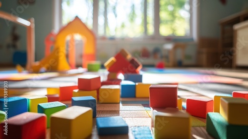 A joyous block-building session in a sunlit playroom, Colorful blocks arranged in playful patterns, Childlike imagination style