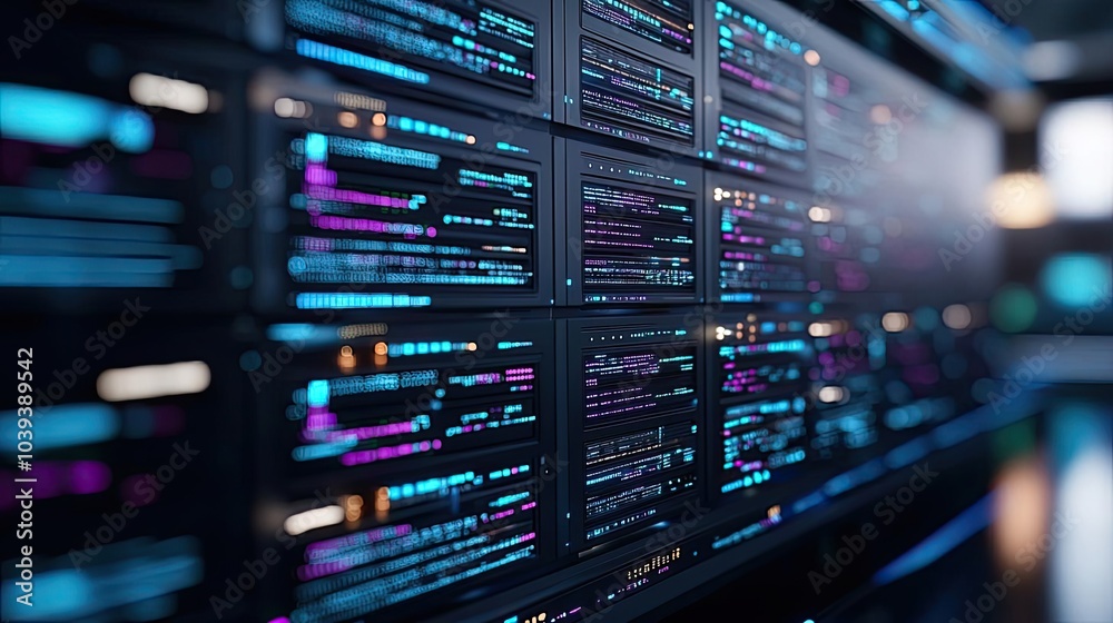 Abstract digital data on screen with colorful code snippets, high-tech background. Abstract digital data on screen with colorful code snippets, high-tech background.