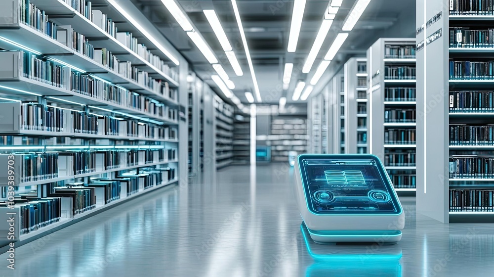 Obraz premium Futuristic library with digital interfaces and glowing shelves in a modern design.