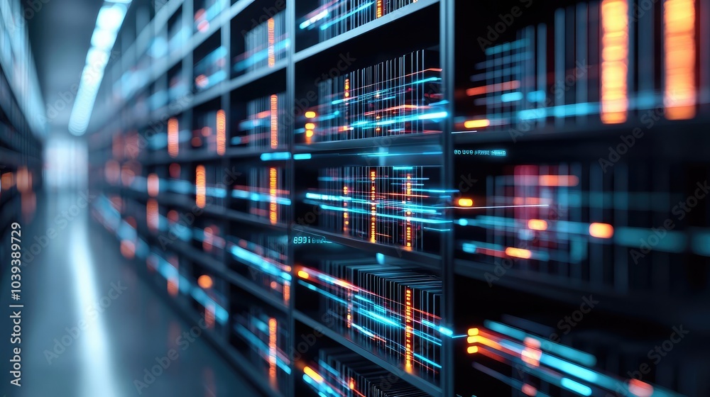 Futuristic data center shelves filled with glowing servers and digital storage. Futuristic data center shelves filled with glowing servers and digital storage.