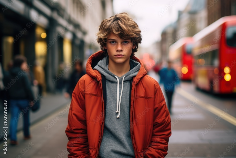 A young man in an orange jacket stands on a city street A young man in an orange jacket stands on a city street