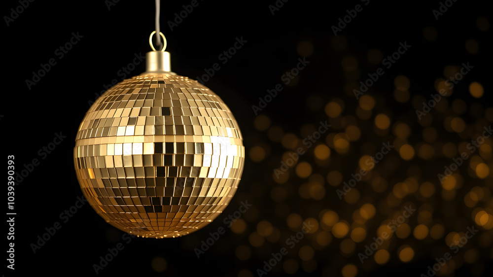 Obraz premium Small gold disco ball black background. Generative AI