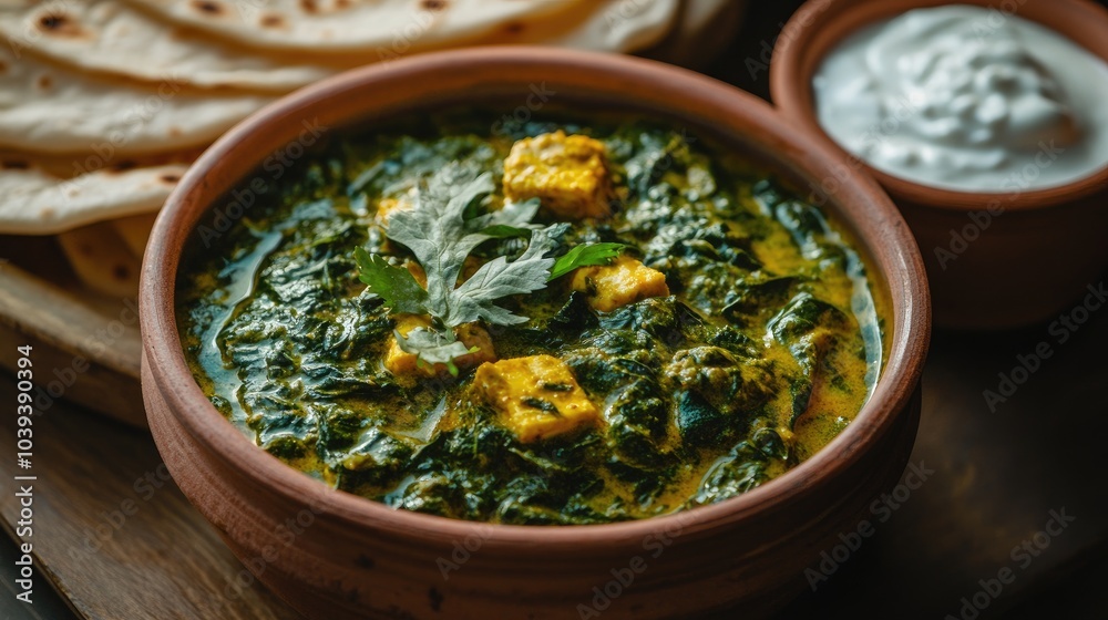 Delicious Spinach Curry with Cheese and Roti Delicious Spinach Curry with Cheese and Roti