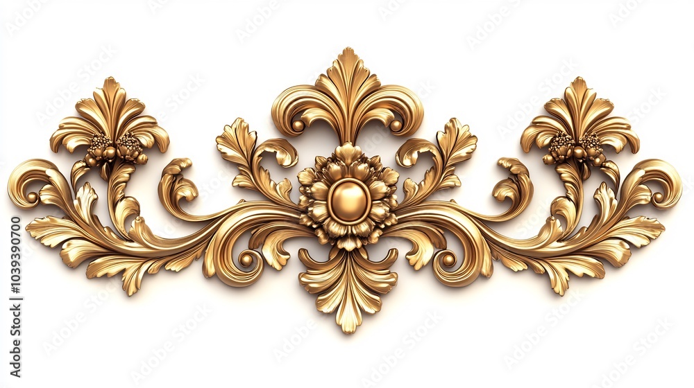 3d Golden baroque ornament single set isolated white Background