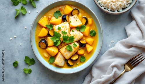 Traditional Rui Machher Jhol Fish Curry with Vegetables and Herbs (Bangladeshi Cuisine)