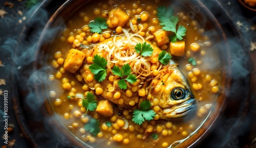 Traditional Macher Matha Diye Dal Lentil Soup with Fish Head (Bangladeshi Cuisine) photo