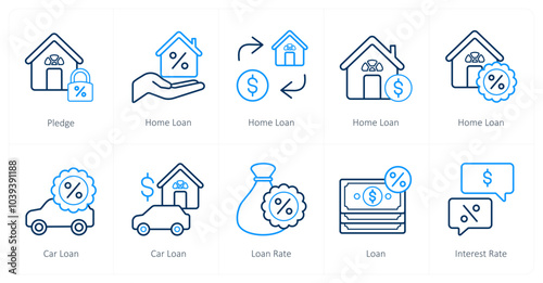 A set of 10 Loan and Debt icons as pledge, home loan, car loan