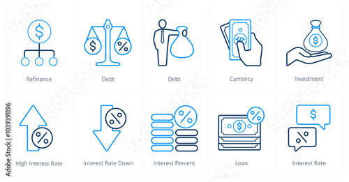 A set of 10 Loan and Debt icons as refinance, debt, currency