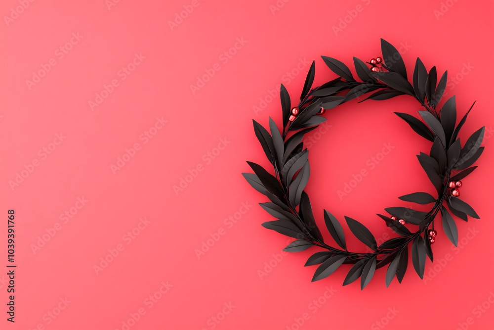 Obraz premium Discover the beauty of a unique black leaf wreath set against a striking red backdrop perfect for enhancing your seasonal decorations