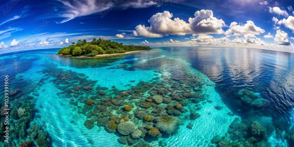 Aerial View of Clear Blue Sea Surface with Coral Reef Beneath, Fly Cam Perspective, Exotic Marine Life, Tranquil Waters, Tropical Paradise, Scenic Ocean Landscape Aerial View of Clear Blue Sea Surface with Coral Reef Beneath, Fly Cam Perspective, Exotic Marine Life, Tranquil Waters, Tropical Paradise, Scenic Ocean Landscape