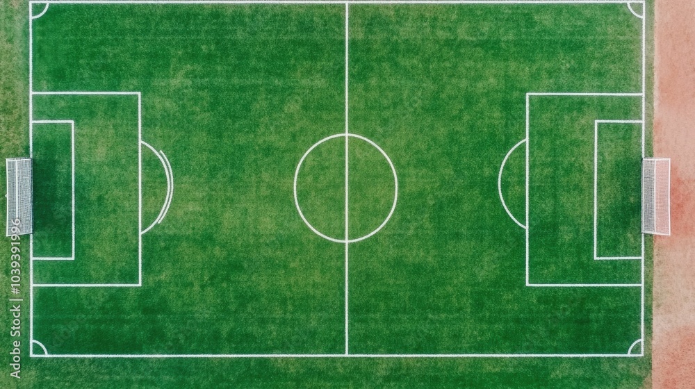 Aerial drone shot of a deserted soccer field with sharp white lines and a small group training on the pitch taken from a high angle offering a deep depth of field and minimalist geometric perspective Aerial drone shot of a deserted soccer field with sharp white lines and a small group training on the pitch taken from a high angle offering a deep depth of field and minimalist geometric perspective