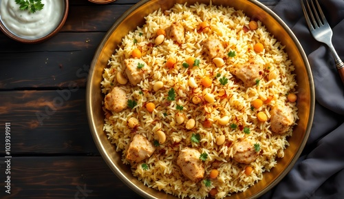 Traditional Morog Polao with Chicken and Rice Garnished with Fresh Cilantro (Bangladeshi Cuisine) photo