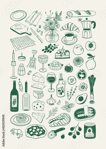 Hand drawn different mediterranean food set