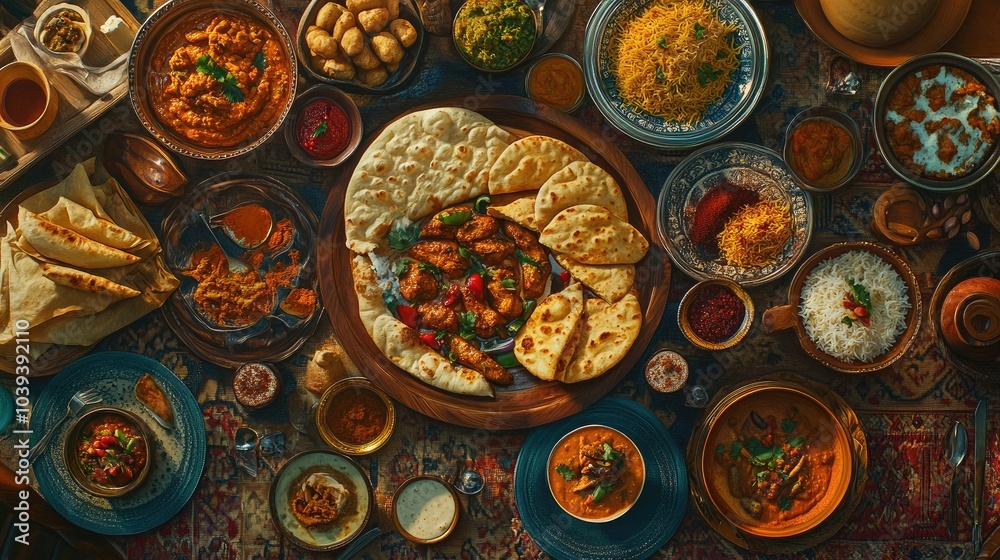 Vibrant Indian Cuisine Spread on a Traditional Tabletop Vibrant Indian Cuisine Spread on a Traditional Tabletop