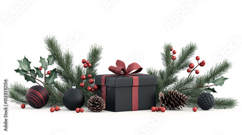 Explore a beautifully arranged Christmas scene featuring a black gift box adorned with a red ribbon surrounded by pinecones holly and seasonal greenery. Perfect for holiday inspirations