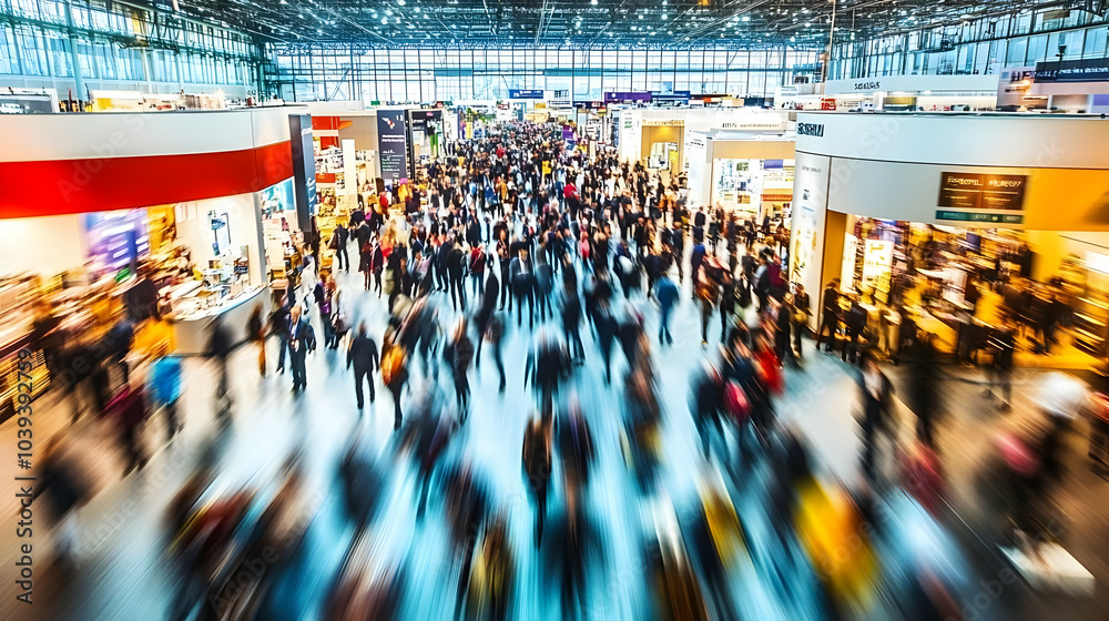 Obraz premium Bustling Trade Show Floor with Wide Angle View