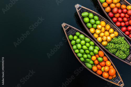 Aerial view of vibrant boats laden with seasonal fruits at Kaptai Lake's bustling floating market in Rangamati, Bangladesh photo