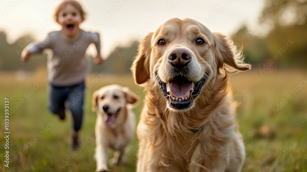 Obraz premium A joyful child running with two happy golden retriever dogs in a grassy field during a sunny day.
