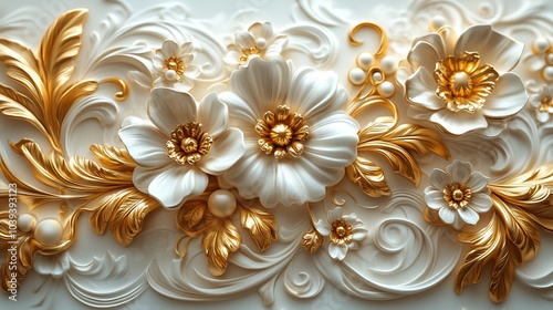 Wallpaper Mural 3d golden Baroque design floral patterns and delicate filigree elements interwoven with regal vintage leaf flourishes on a detailed and ornate white backdrop Torontodigital.ca