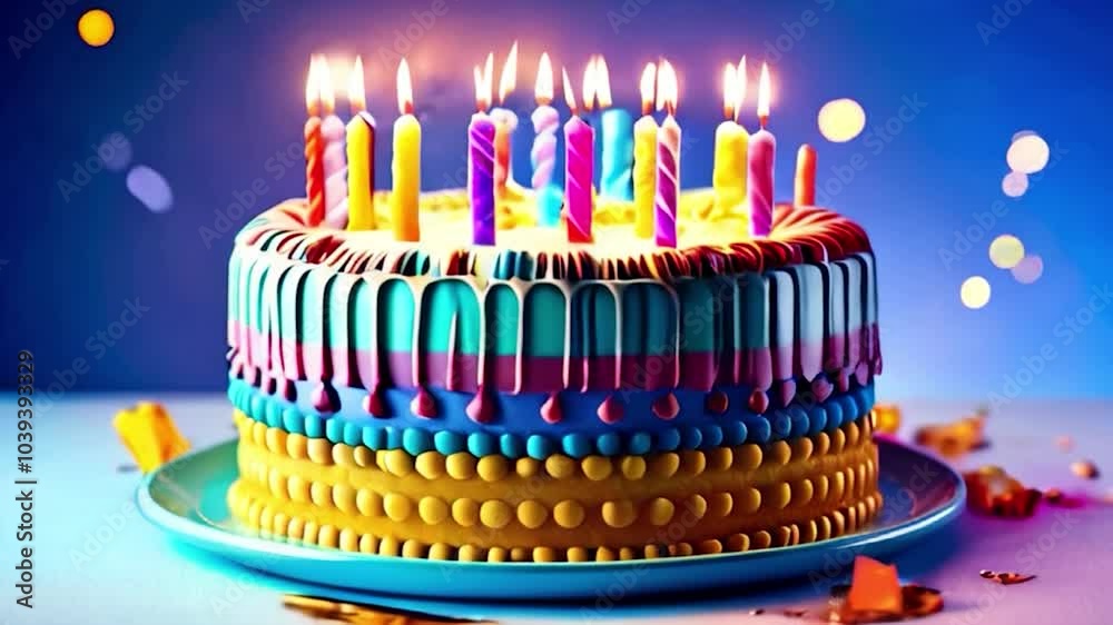 Festive birthday cake decorated with bright candles and sparklers showcased on a blue background. Created with generative AI technology