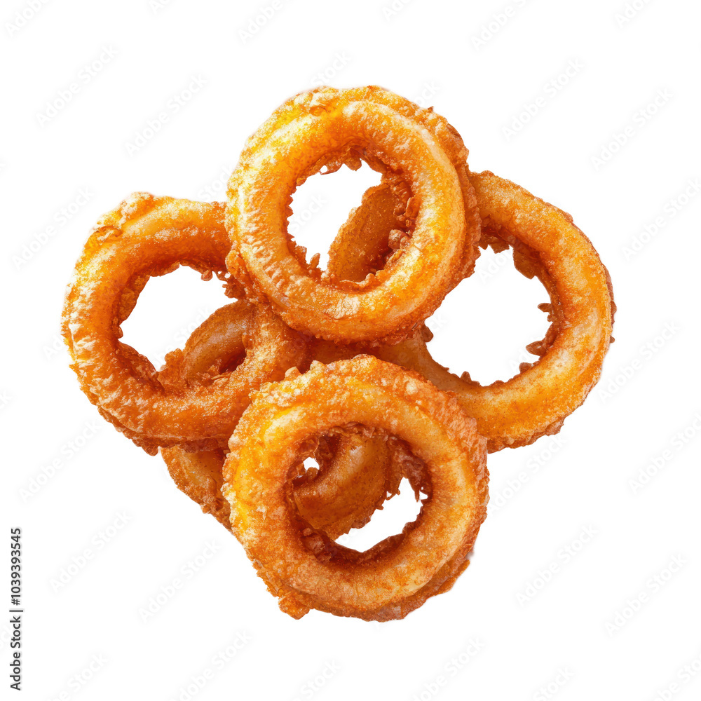 Crispy onion rings arranged on a white plate, showcasing their golden-brown texture and appeal. isolated on transparency background Crispy onion rings arranged on a white plate, showcasing their golden-brown texture and appeal. isolated on transparency background