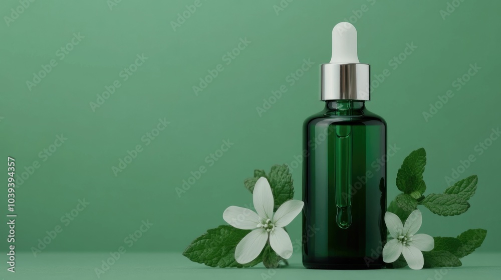 Vibrant natural serum bottle filled with lush green herbs and delicate white flowers showcasing hyper detailed water droplets on the glass surface against a serene Vibrant natural serum bottle filled with lush green herbs and delicate white flowers showcasing hyper detailed water droplets on the glass surface against a serene