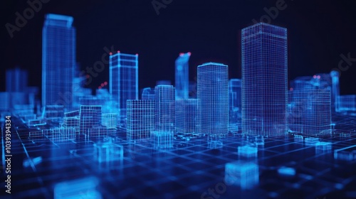 Wireframe depiction of intelligent urban networks focusing on building automation.