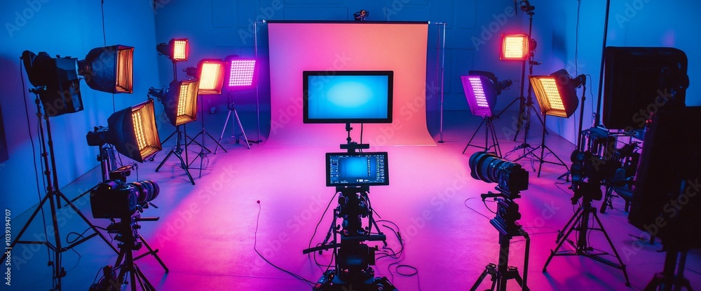 A professional film set with multiple cameras, lights and tripods in a studio. A professional film set with multiple cameras, lights and tripods in a studio.