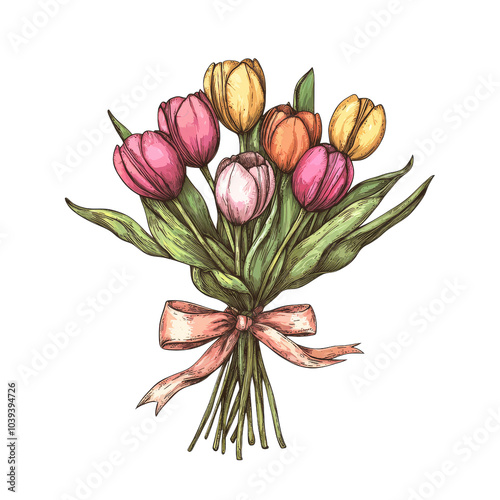 Colorful Tulip Bouquet: A vibrant bouquet of tulips, painted with watercolor hues, symbolizing the spirit of springtime and the artistry of floral design.