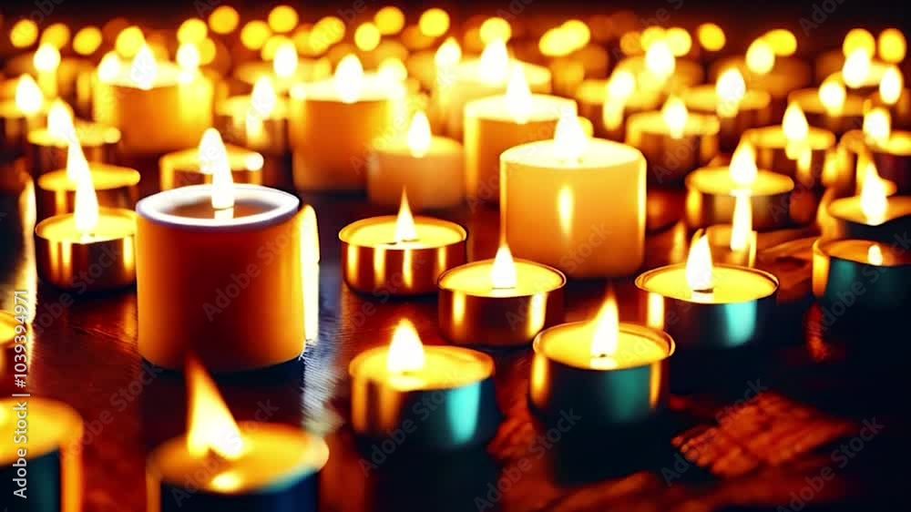 Numerous burning candles with a soft focus, forming a seamless looping 4K virtual video animation background. Created with Generative AI Technology Numerous burning candles with a soft focus, forming a seamless looping 4K virtual video animation background. Created with Generative AI Technology